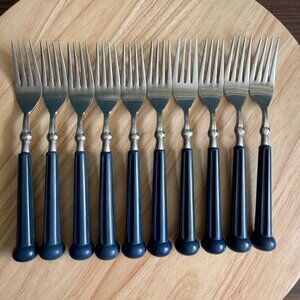 Set Of 10 Oxford Hall Stainless Steel Dinner Forks Blue Handles 7-3/4" Vintage R